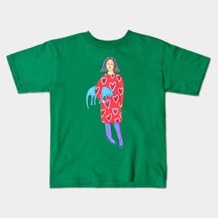 Girl With A Blue Cat Kids T-Shirt